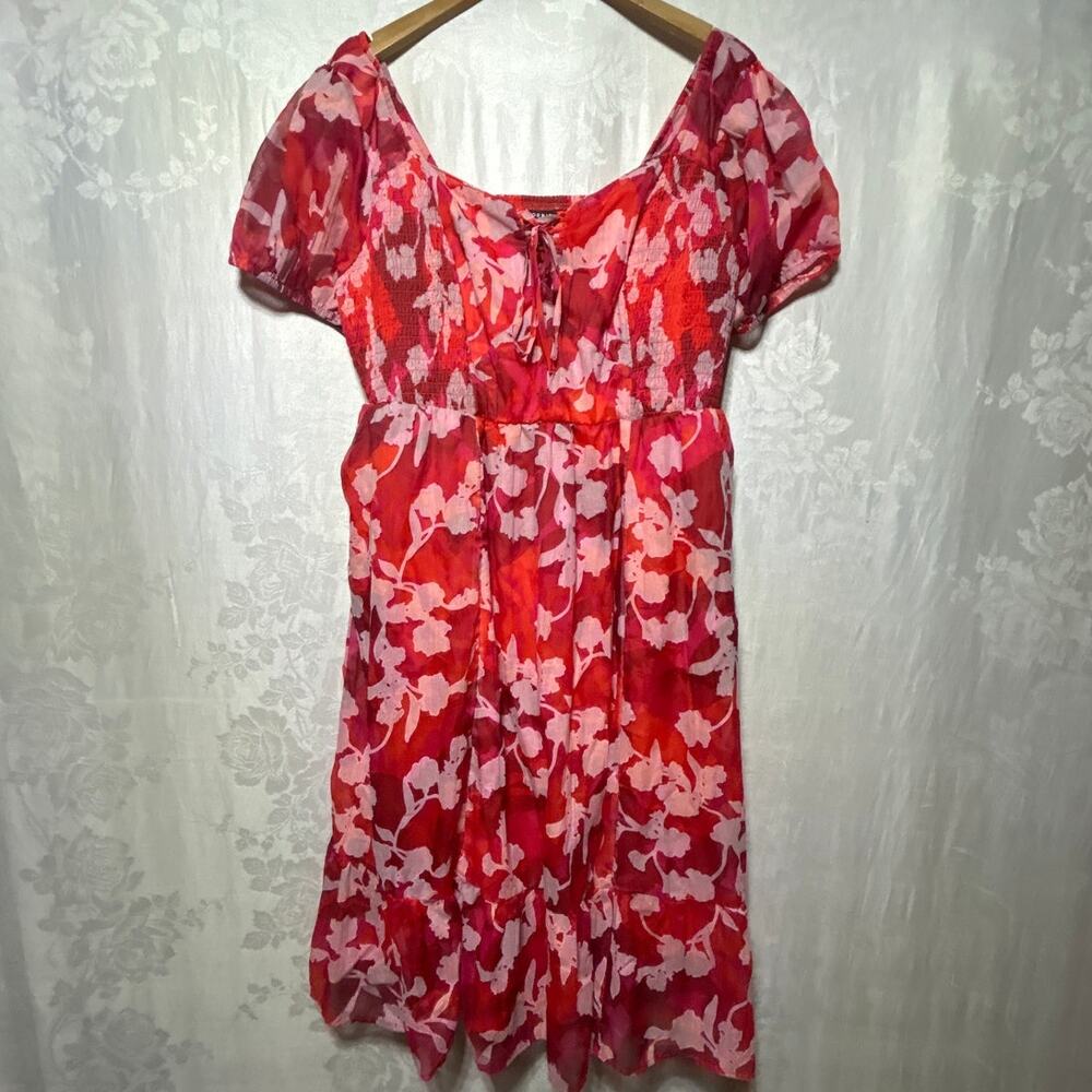 Torrid Dress 2 2X Pink Orange Puff Sleeve Smocked Tiered Lined Midi Lace Up Tie